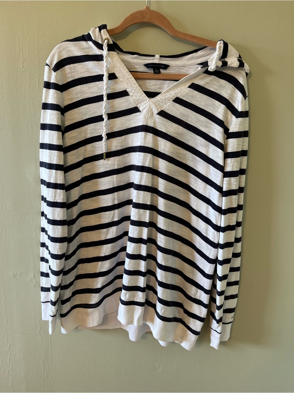 Tommy Hilfiger Navy and White Striped Hooded Top 100%Cotton